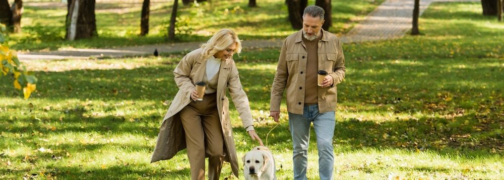 A couple and a dog walking in a park.