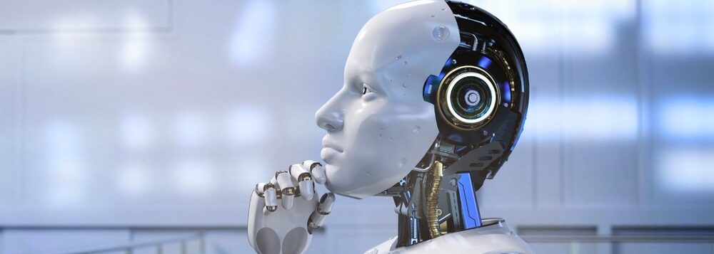 A robot holding its chin while thinking