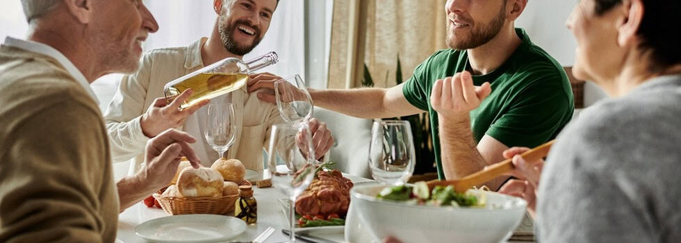 A family having dinner together.